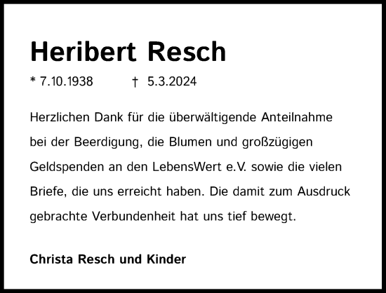 Anzeige von Heribert Resch von Kölner Stadt-Anzeiger / Kölnische Rundschau / Express