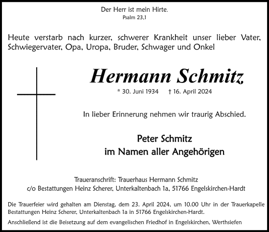 Anzeige von Hermann Schmitz von  Anzeigen Echo 