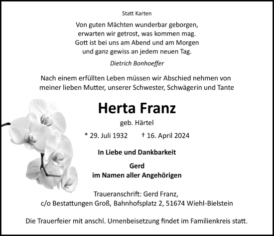 Anzeige von Herta Franz von  Anzeigen Echo 
