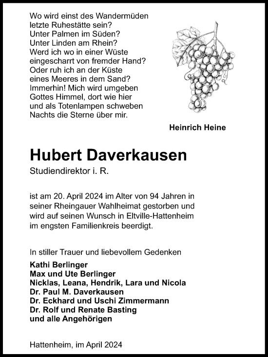 Anzeige von Hubert Daverkausen von Kölner Stadt-Anzeiger / Kölnische Rundschau / Express