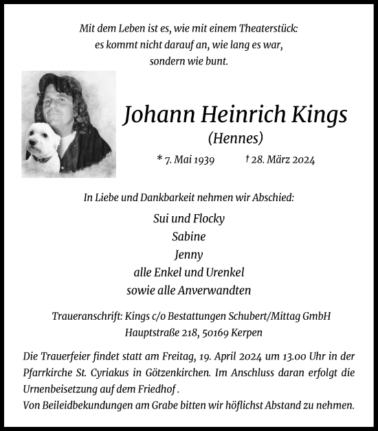 Anzeige von Johann Heinrich Kings von Kölner Stadt-Anzeiger / Kölnische Rundschau / Express