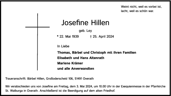 Anzeige von Josefine Hillen von Kölner Stadt-Anzeiger / Kölnische Rundschau / Express