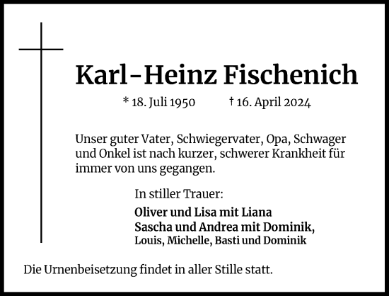 Anzeige von Karl-Heinz Fischenich von Kölner Stadt-Anzeiger / Kölnische Rundschau / Express