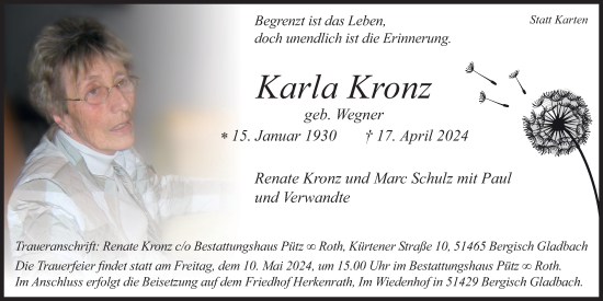 Anzeige von Karla Kronz von Kölner Stadt-Anzeiger / Kölnische Rundschau / Express