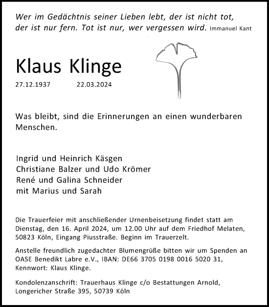 Anzeige von Klaus Klinge von Kölner Stadt-Anzeiger / Kölnische Rundschau / Express