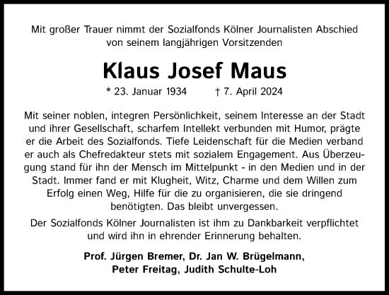Anzeige von Klaus Josef Maus von Kölner Stadt-Anzeiger / Kölnische Rundschau / Express