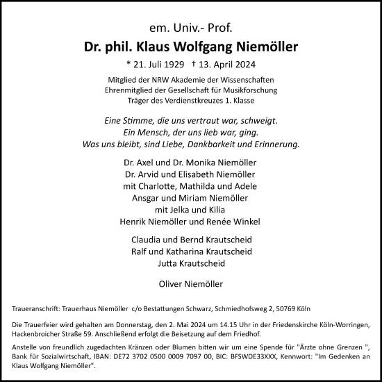 Anzeige von Klaus Wolfgang Niemöller von Kölner Stadt-Anzeiger / Kölnische Rundschau / Express