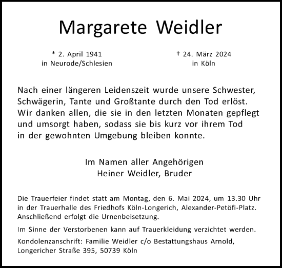 Anzeige von Margarete Weidler von Kölner Stadt-Anzeiger / Kölnische Rundschau / Express