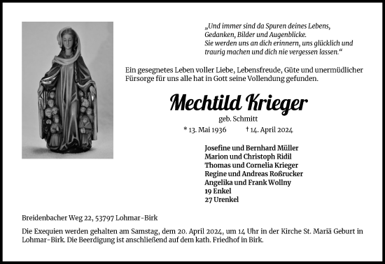 Anzeige von Mechtild Krieger von Kölner Stadt-Anzeiger / Kölnische Rundschau / Express