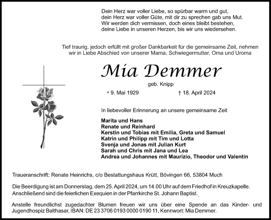 Anzeige von Mia Demmer von Kölner Stadt-Anzeiger / Kölnische Rundschau / Express