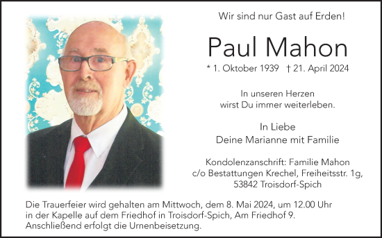 Anzeige von Paul Mahon von Kölner Stadt-Anzeiger / Kölnische Rundschau / Express