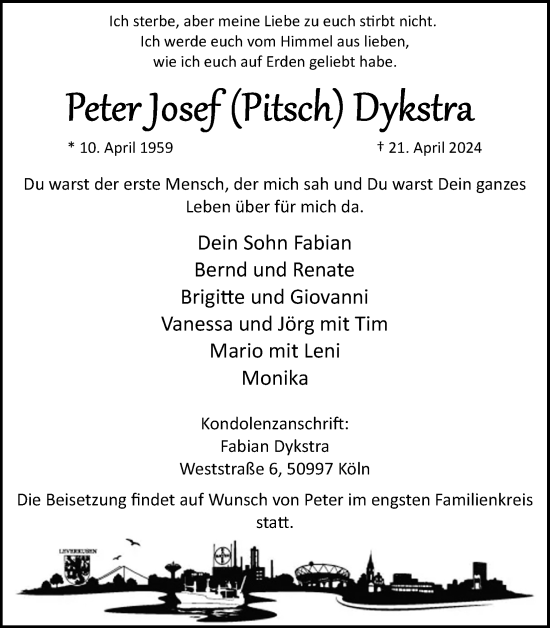 Anzeige von Peter Josef Dykstra von Kölner Stadt-Anzeiger / Kölnische Rundschau / Express