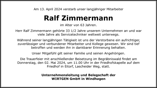 Anzeige von Ralf Zimmermann von Kölner Stadt-Anzeiger / Kölnische Rundschau / Express