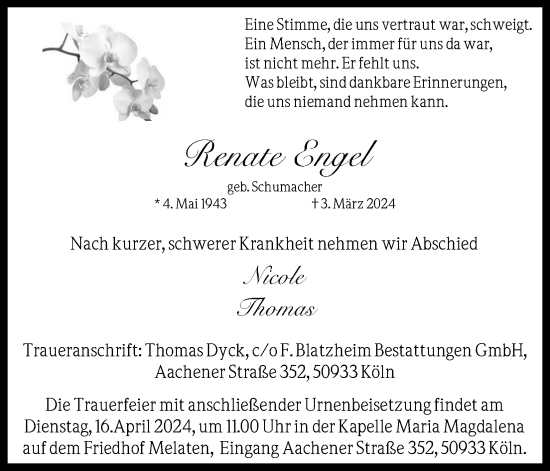 Anzeige von Renate Engel von Kölner Stadt-Anzeiger / Kölnische Rundschau / Express