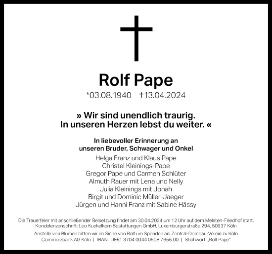 Anzeige von Rolf Pape von Kölner Stadt-Anzeiger / Kölnische Rundschau / Express