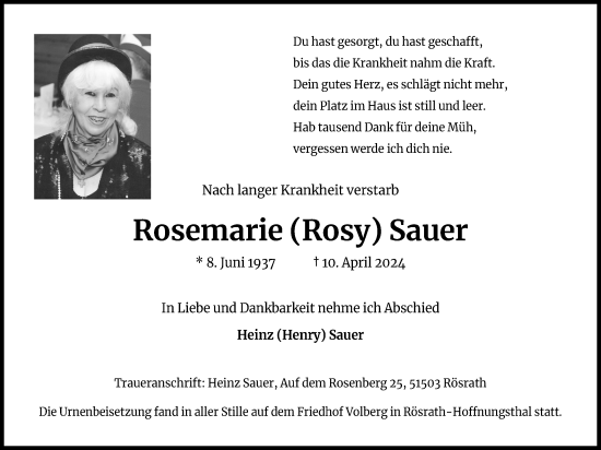 Anzeige von Rosemarie Sauer von Kölner Stadt-Anzeiger / Kölnische Rundschau / Express