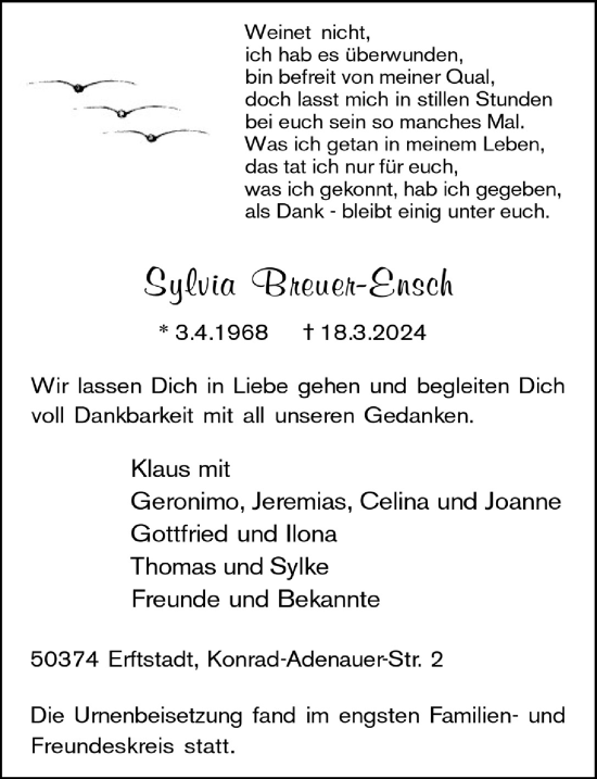 Anzeige von Sylvia Breuer-Ensch von  Schlossbote/Werbekurier  Werbepost 