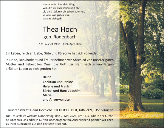 Anzeige von Thea Hoch von Kölner Stadt-Anzeiger / Kölnische Rundschau / Express