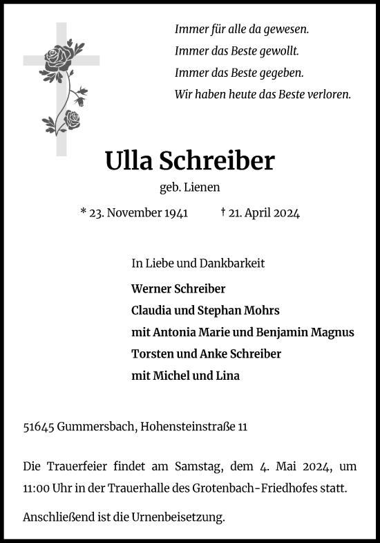 Anzeige von Ulla Schreiber von Kölner Stadt-Anzeiger / Kölnische Rundschau / Express