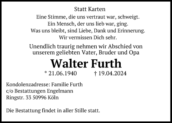 Anzeige von Walter Furth von Kölner Stadt-Anzeiger / Kölnische Rundschau / Express