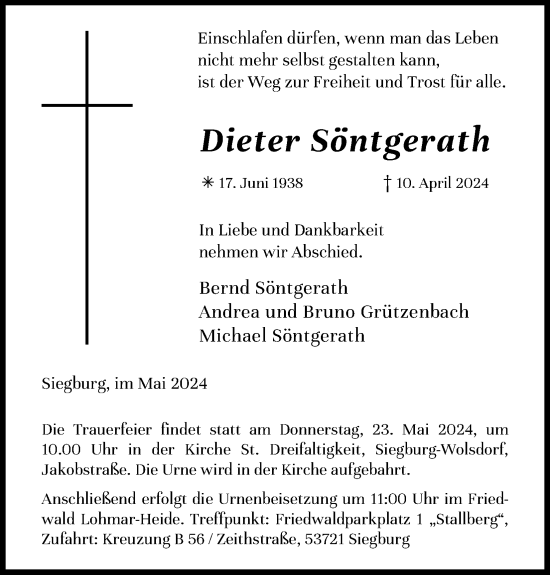 Anzeige von Dieter Söntgerath von Kölner Stadt-Anzeiger / Kölnische Rundschau / Express