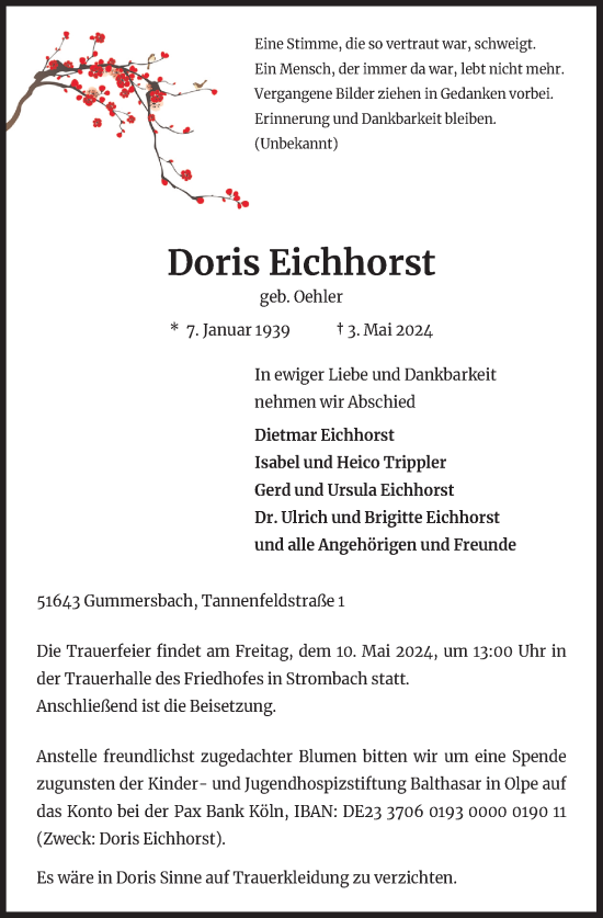 Anzeige von Doris Eichhorst von Kölner Stadt-Anzeiger / Kölnische Rundschau / Express