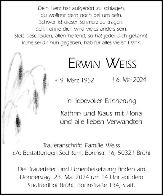 Anzeige von Erwin Weiß von  Schlossbote/Werbekurier 