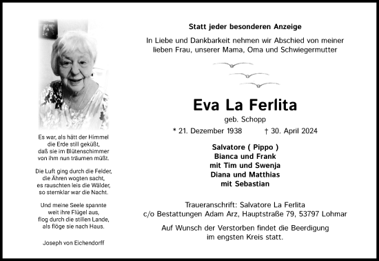 Anzeige von Eva La Ferlita von Kölner Stadt-Anzeiger / Kölnische Rundschau / Express