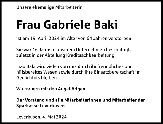 Anzeige von Gabriele Baki von Kölner Stadt-Anzeiger / Kölnische Rundschau / Express