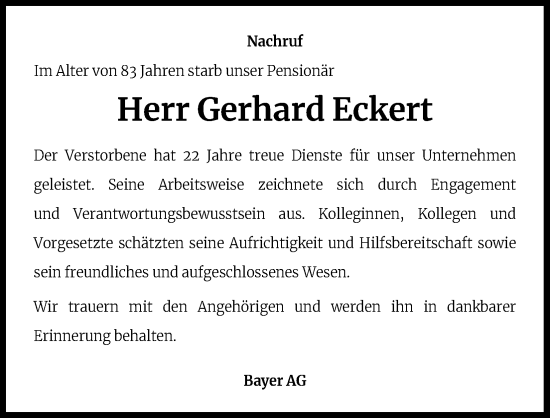 Anzeige von Gerhard Eckert von Kölner Stadt-Anzeiger / Kölnische Rundschau / Express