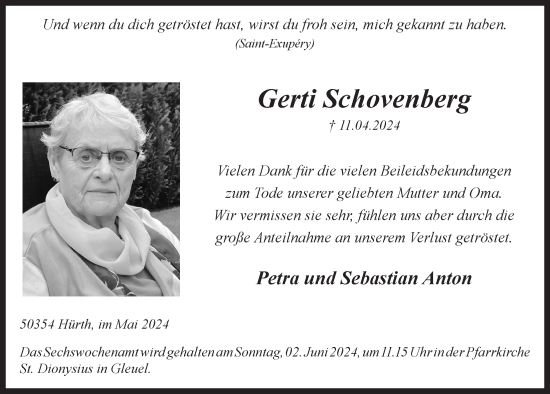 Anzeige von Gerti Schovenberg von  Wochenende 