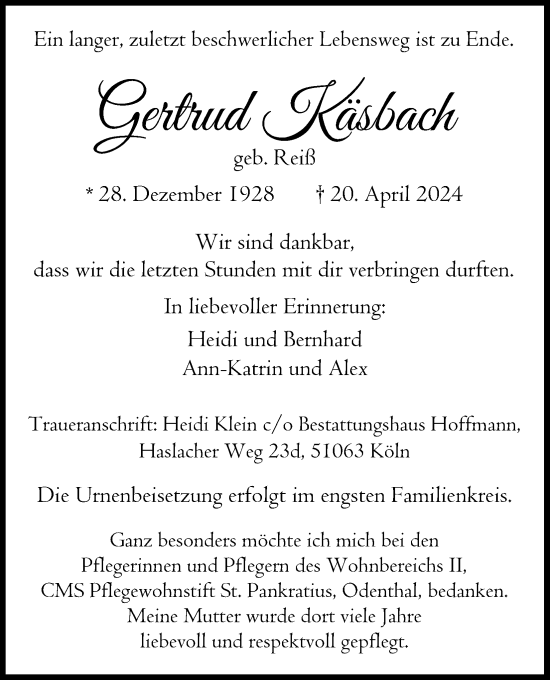 Anzeige von Gertrud Käsbach von Kölner Stadt-Anzeiger / Kölnische Rundschau / Express