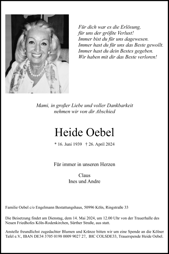 Anzeige von Heide Oebel von Kölner Stadt-Anzeiger / Kölnische Rundschau / Express