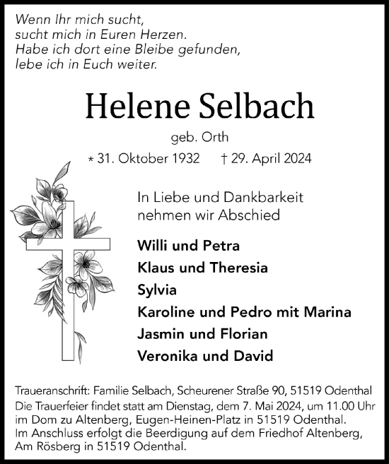 Anzeige von Helene Selbach von  Bergisches Handelsblatt 