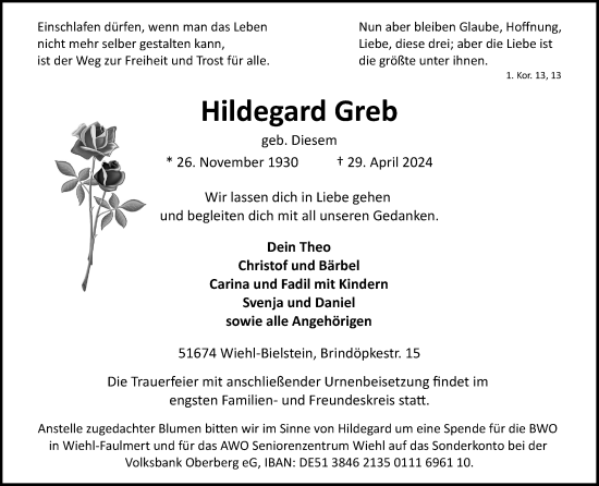 Anzeige von Hildegard Greb von Kölner Stadt-Anzeiger / Kölnische Rundschau / Express