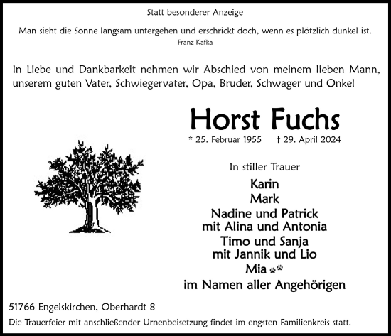 Anzeige von Horst Fuchs von  Anzeigen Echo 