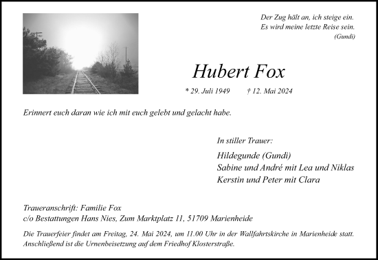 Anzeige von Hubert Fox von Kölner Stadt-Anzeiger / Kölnische Rundschau / Express