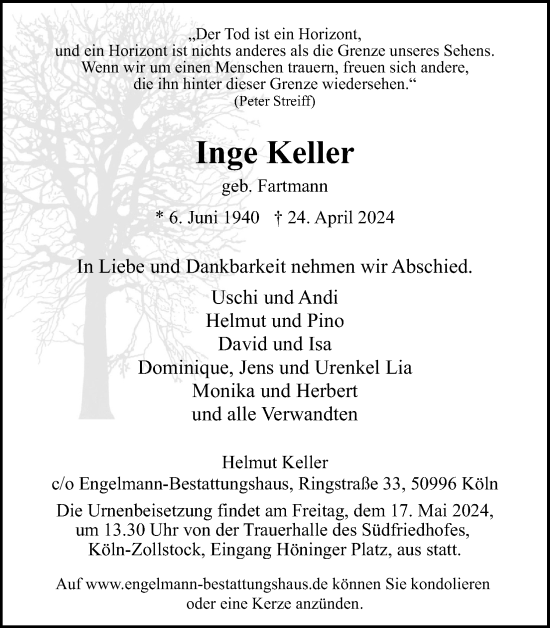 Anzeige von Inge Keller von Kölner Stadt-Anzeiger / Kölnische Rundschau / Express