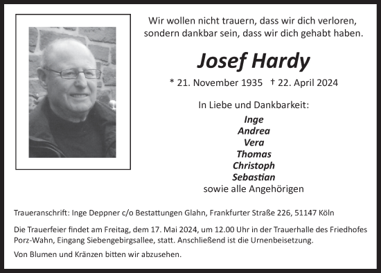 Anzeige von Josef Hardy von  EXPRESS - Die Woche 