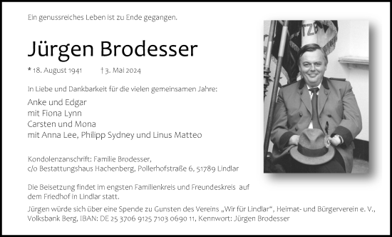 Anzeige von Jürgen Brodesser von Kölner Stadt-Anzeiger / Kölnische Rundschau / Express