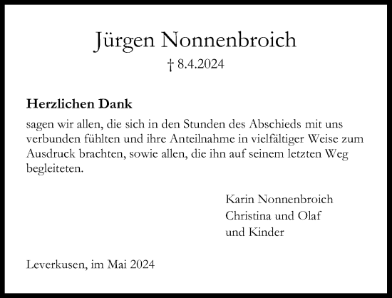 Anzeige von Jürgen Nonnenbroich von Kölner Stadt-Anzeiger / Kölnische Rundschau / Express