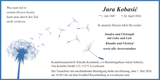 Anzeige von Jura Kobasic von Kölner Stadt-Anzeiger / Kölnische Rundschau / Express