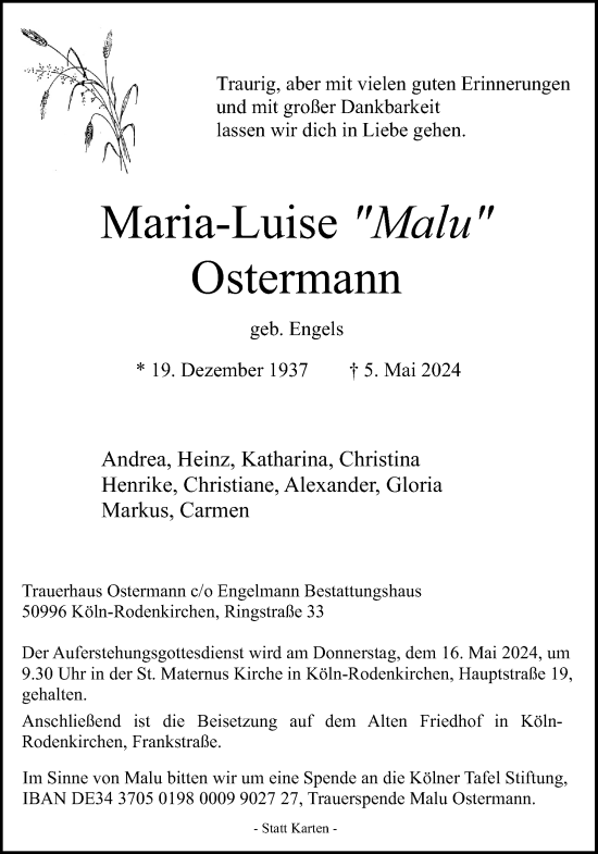 Anzeige von Maria-Luise Ostermann von Kölner Stadt-Anzeiger / Kölnische Rundschau / Express