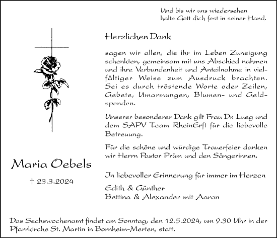 Anzeige von Maria Oebels von  Schlossbote/Werbekurier 