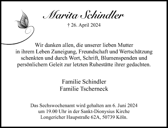 Anzeige von Marita Schindler von Kölner Stadt-Anzeiger / Kölnische Rundschau / Express