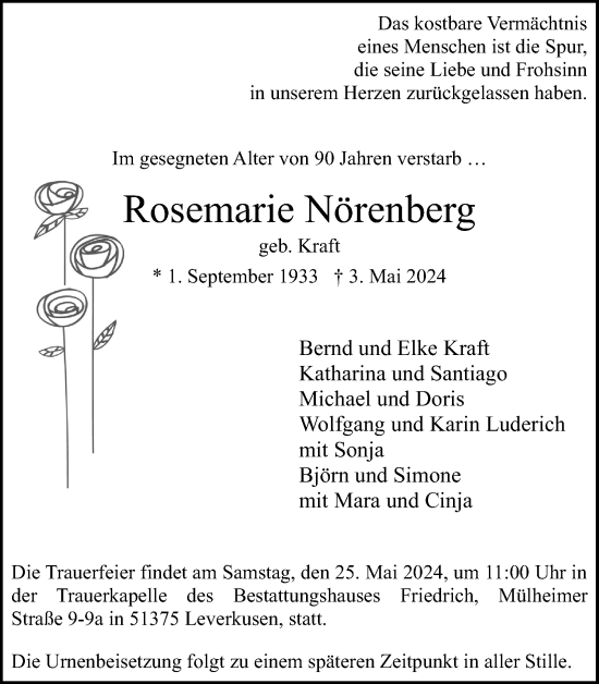 Anzeige von Rosemarie Nörenberg von Kölner Stadt-Anzeiger / Kölnische Rundschau / Express