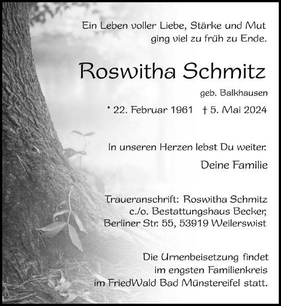 Anzeige von Roswitha Schmitz von  Blickpunkt Euskirchen 