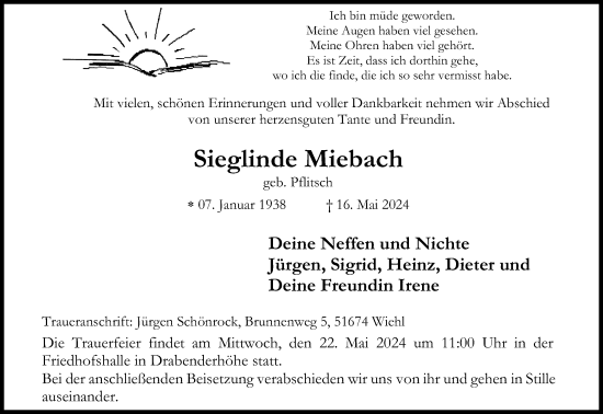 Anzeige von Sieglinde Miebach von Kölner Stadt-Anzeiger / Kölnische Rundschau / Express