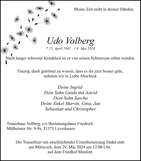 Anzeige von Udo Volberg von Kölner Stadt-Anzeiger / Kölnische Rundschau / Express