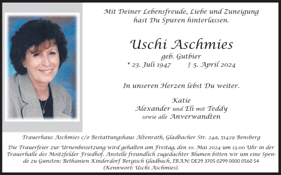 Anzeige von Uschi Aschmies von Kölner Stadt-Anzeiger / Kölnische Rundschau / Express